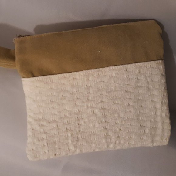 Clutch travel make-up bag Beige Velvet Ivory waffle Fabric Wristlet cosmetics - Picture 2 of 4